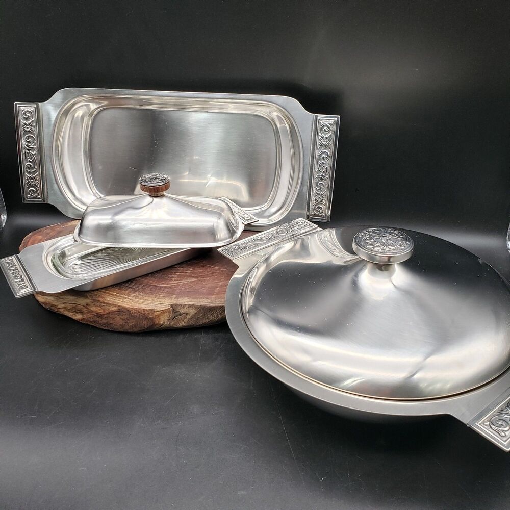 VTG International Silver Di Lido Stainless Hollowware Set Butter Tray Veg Bowl